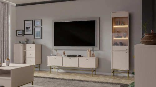 Wysoka witryna do salonu TOKYO 52 cm w stylu japońskim, beż piaskowy, stelaż | Witryny z podświetleniem LED Desire Furniture