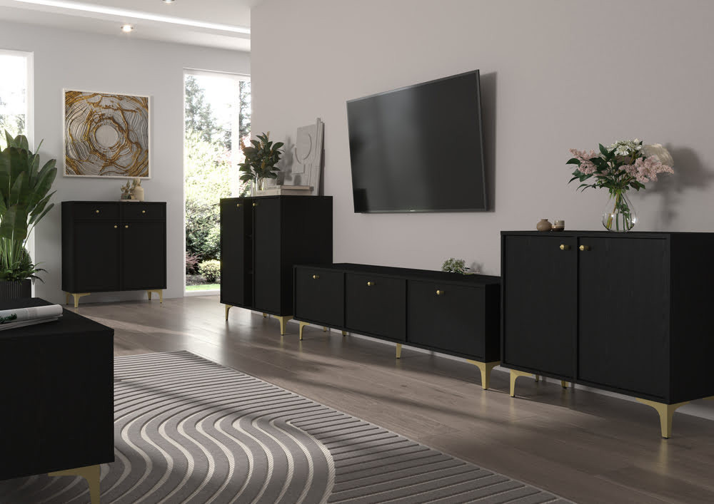 Pojemna szafka RTV TOKYO 180 cm, do salonu, czarny grafit, nogi rozgwiazda | Szafki RTV na nóżkach Desire Furniture