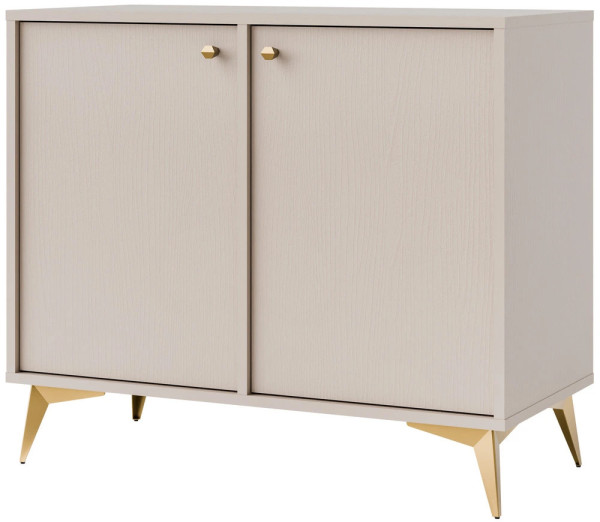 Mała dwudrzwiowa komoda do salonu i przedpokoju na złotych nóżkach TOKYO 84 cm, beż piaskowy, nogi rozgwiazda