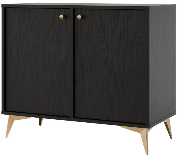 Mała dwudrzwiowa komoda do salonu i przedpokoju na złotych nóżkach TOKYO 84 cm, czarny grafit, nogi rozgwiazda