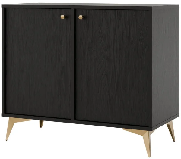 Mała dwudrzwiowa komoda do salonu i przedpokoju na złotych nóżkach TOKYO 84 cm, czarny grafit, nogi rozgwiazda