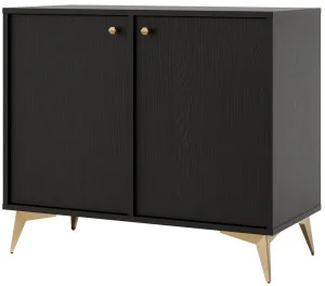 Mała dwudrzwiowa komoda do salonu i przedpokoju na złotych nóżkach TOKYO 84 cm, czarny grafit, nogi rozgwiazda