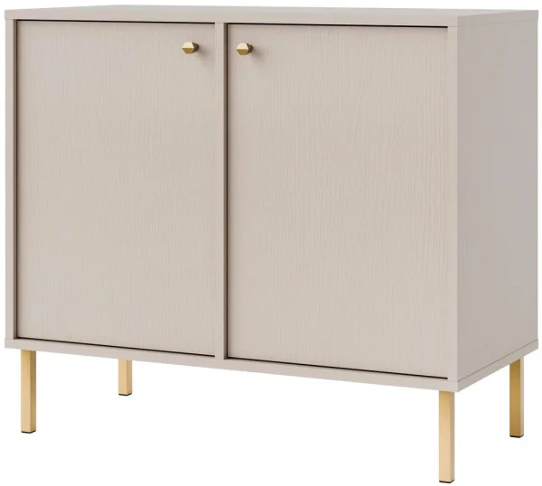 Mała dwudrzwiowa komoda do salonu i przedpokoju na złotych nóżkach TOKYO 84 cm, beż piaskowy, nogi proste