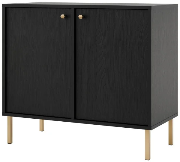 Mała dwudrzwiowa komoda do salonu i przedpokoju na złotych nóżkach TOKYO 84 cm, czarny grafit, nogi proste