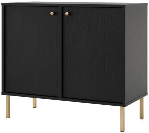 Mała dwudrzwiowa komoda do salonu i przedpokoju na złotych nóżkach TOKYO 84 cm, czarny grafit, nogi proste
