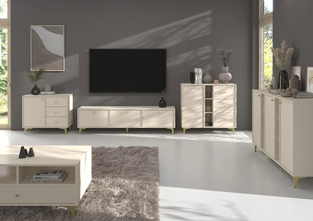 Nowoczesna komoda TOKYO 158 cm, do salonu, do przedpokoju, beż piaskowy, nogi rozgwiazda | Komody na nóżkach Desire Furniture