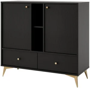 Dwudrzwiowa komoda z szufladami TOKYO 100 cm, do salonu, czarny grafit, nogi rozgwiazda