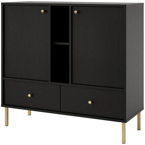 Dwudrzwiowa komoda z szufladami TOKYO 100 cm, do salonu, czarny grafit, nogi proste