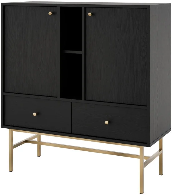 Dwudrzwiowa komoda z szufladami TOKYO 100 cm, do salonu, czarny grafit, stelaż