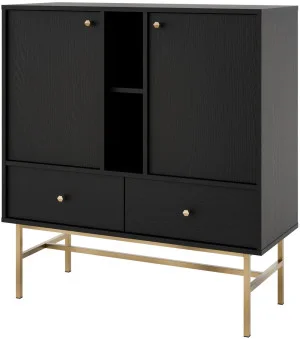 Dwudrzwiowa komoda z szufladami TOKYO 100 cm, do salonu, czarny grafit, stelaż