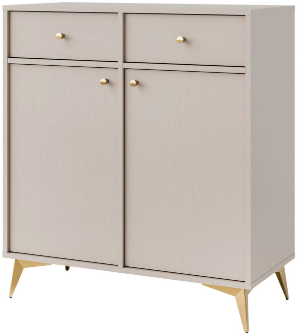 Nowoczesna mała komoda z szufladami i drzwiami TOKYO 84 cm, do salonu, beż piaskowy, nogi rozgwiazda