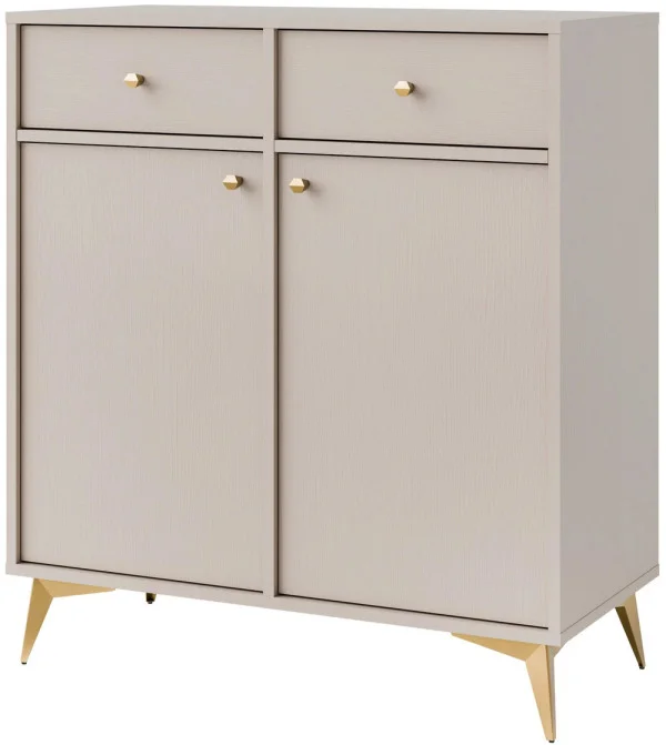 Nowoczesna mała komoda z szufladami i drzwiami TOKYO 84 cm, do salonu, beż piaskowy, nogi rozgwiazda