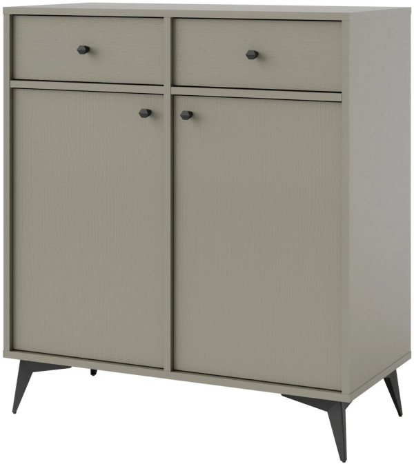 Nowoczesna mała komoda z szufladami i drzwiami TOKYO 84 cm, do salonu, eukaliptus, nogi rozgwiazda