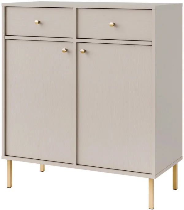 Nowoczesna mała komoda z szufladami i drzwiami TOKYO 84 cm, do salonu, beż piaskowy, nogi proste