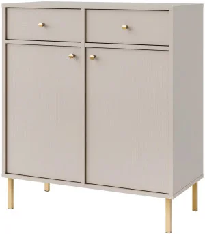 Nowoczesna mała komoda z szufladami i drzwiami TOKYO 84 cm, do salonu, beż piaskowy, nogi proste