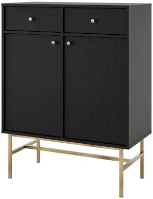 Nowoczesna mała komoda z szufladami i drzwiami TOKYO 84 cm, do salonu, czarny grafit, stelaż