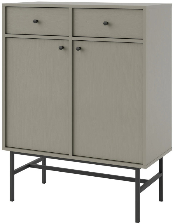 Nowoczesna mała komoda z szufladami i drzwiami TOKYO 84 cm, do salonu, eukaliptus, stelaż