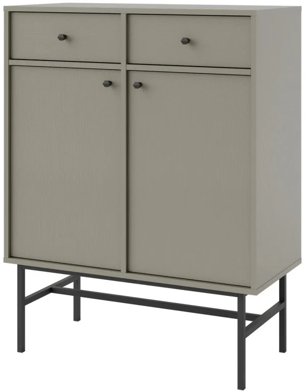 Nowoczesna mała komoda z szufladami i drzwiami TOKYO 84 cm, do salonu, eukaliptus, stelaż