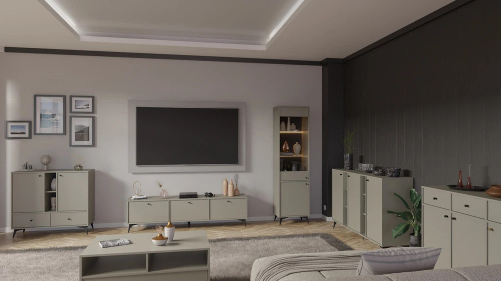 Duża komoda z szufladami TOKYO 124,5 cm, do salonu, eukaliptus, nogi rozgwiazda | Komody z drzwiami Desire Furniture