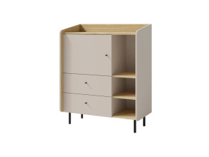 Mała komoda 95 cm do salonu ALESSIO – z szufladami, półkami i drzwiami, beż piaskowy