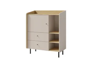 Mała komoda 95 cm do salonu ALESSIO – z szufladami, półkami i drzwiami, beż piaskowy