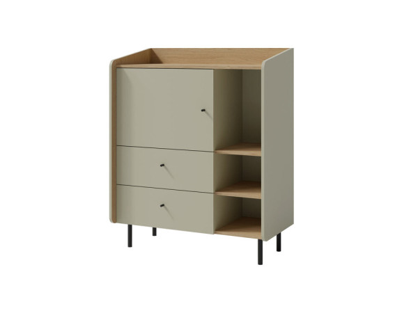 Mała komoda 95 cm do salonu ALESSIO – z szufladami, półkami i drzwiami, eukaliptus