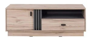 Nowoczesna szafka RTV 125 cm do salonu ALLMO – z szufladą i półką, matowe wykończenie, dąb estana