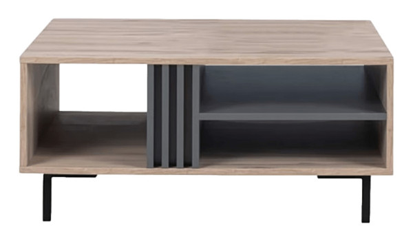 Prostokątny stolik kawowy ALLMO 90 cm – z półką, frezami i czarnymi nóżkami, dąb estana