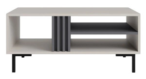 Prostokątny stolik kawowy ALLMO 90 cm – z półką, frezami i czarnymi nóżkami, kaszmir