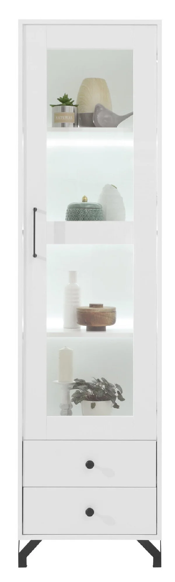 Witryna do salonu Bergen 50 cm biała z półkami i LED - wysoki połysk