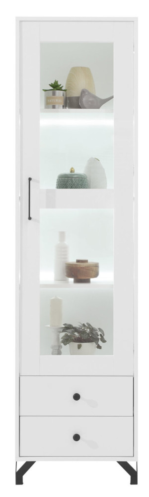 Witryna do salonu Bergen 50 cm biała z półkami i LED - wysoki połysk