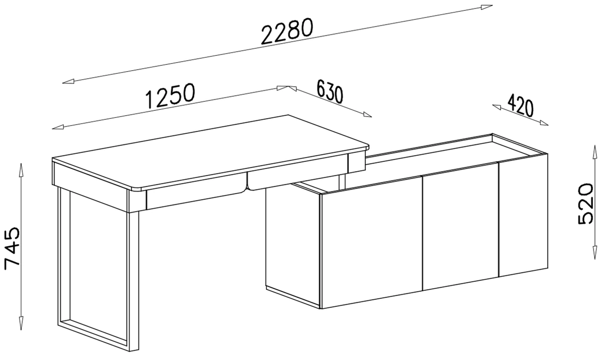 Biurko LUCA – rysunek techniczny